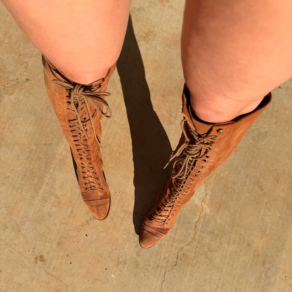 Jeffrey Campbell Sz 9 Brown 100% Lambs Leather Tall Lace Up boot Free People Joe - Picture 5 of 16